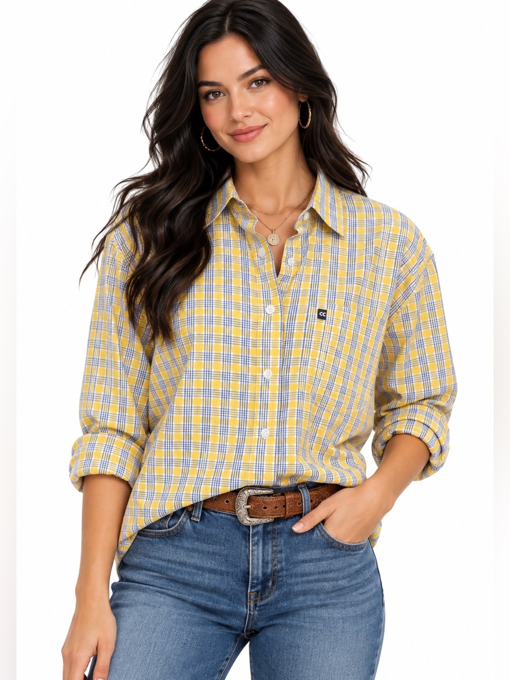 Cruel Girl western 100% Cotton Yellow and Blue Plaid Button-Down Shirt